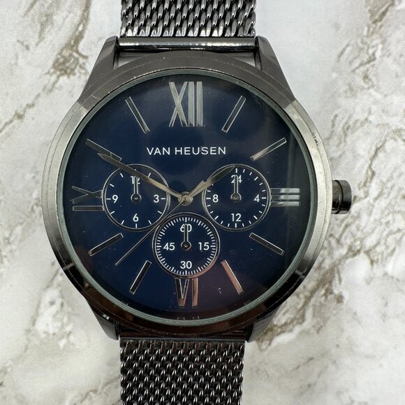 Van Heusen Watch Men Gunmetal Tone Blue Dial 44MM Mesh Band New Battery 10" - Picture 2 of 14
